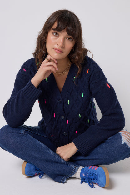Navy with Neon Rainbow Flecks Cable Knit Cardigan