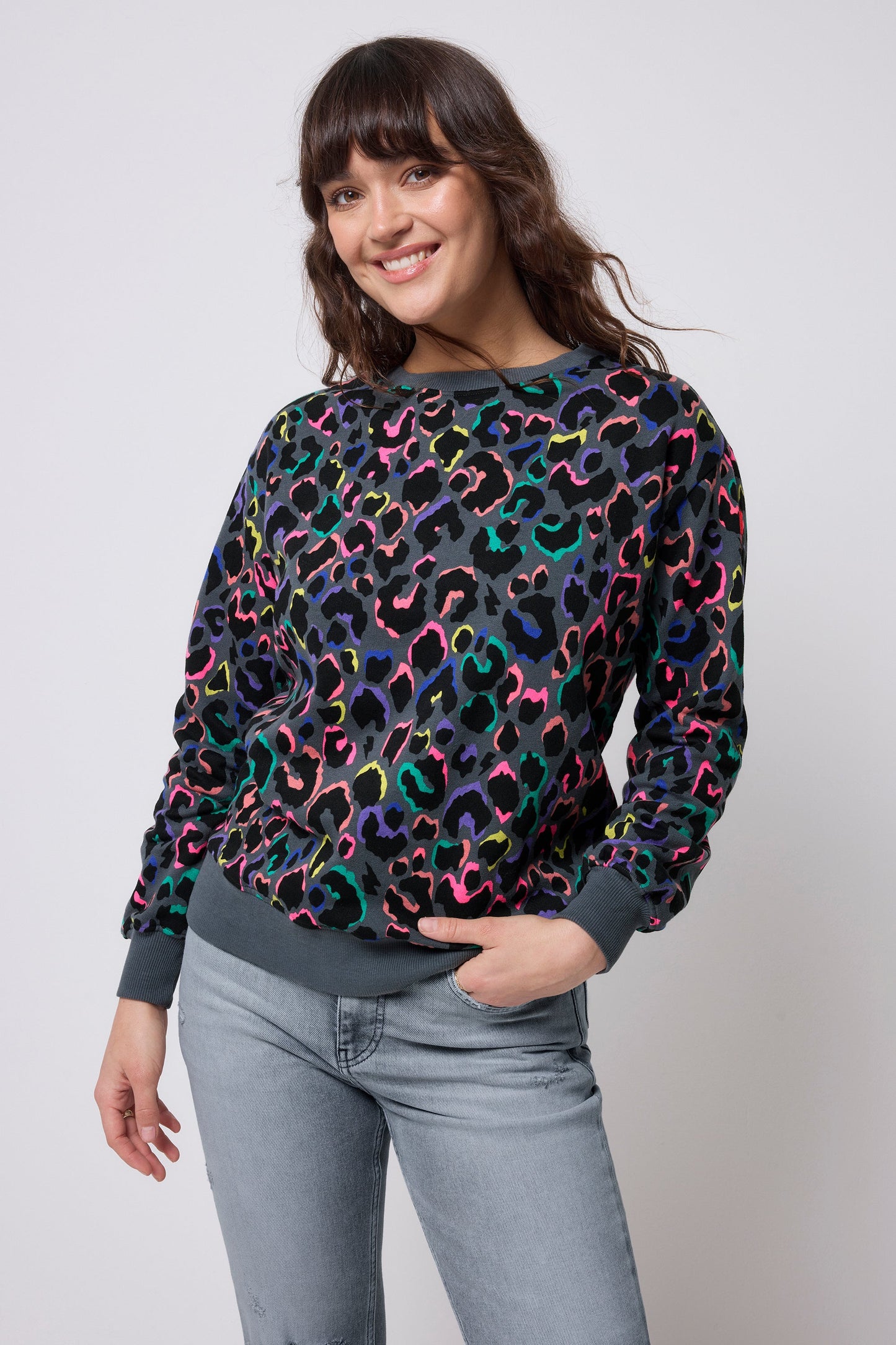 Grey with Rainbow Shadow Leopard Oversized Sweatshirt