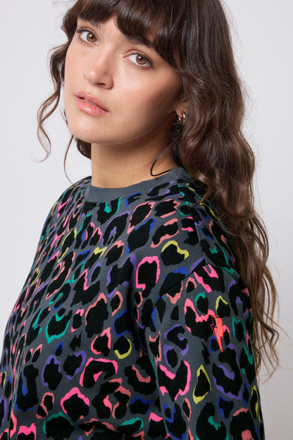 Grey with Rainbow Shadow Leopard Oversized Sweatshirt