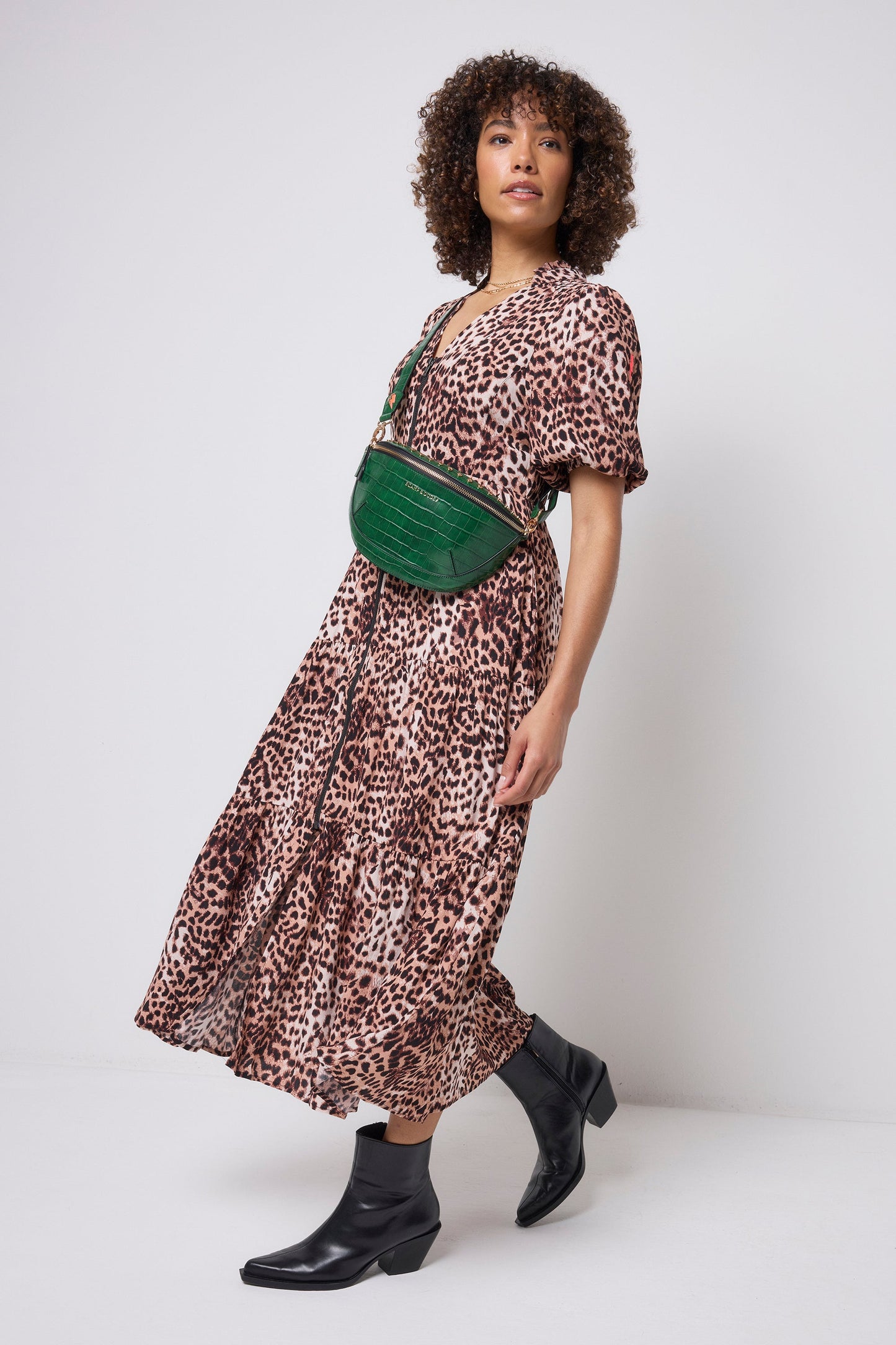 Neutral with Black Cheetah Zip Detail Tiered Midi Dress