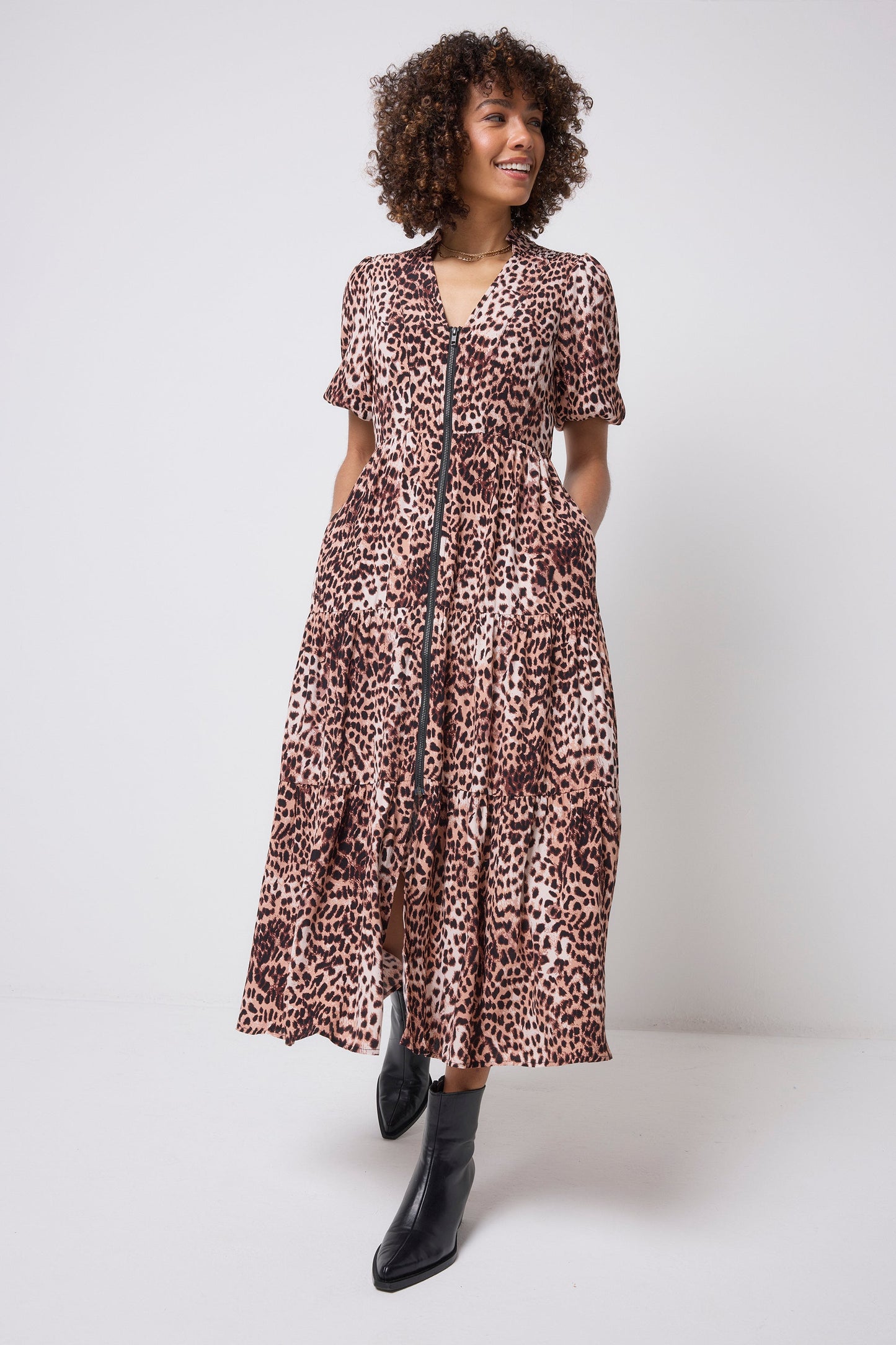 Neutral with Black Cheetah Zip Detail Tiered Midi Dress