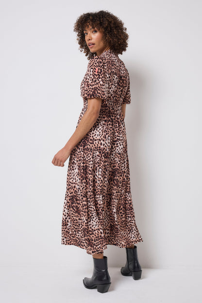 Neutral with Black Cheetah Zip Detail Tiered Midi Dress