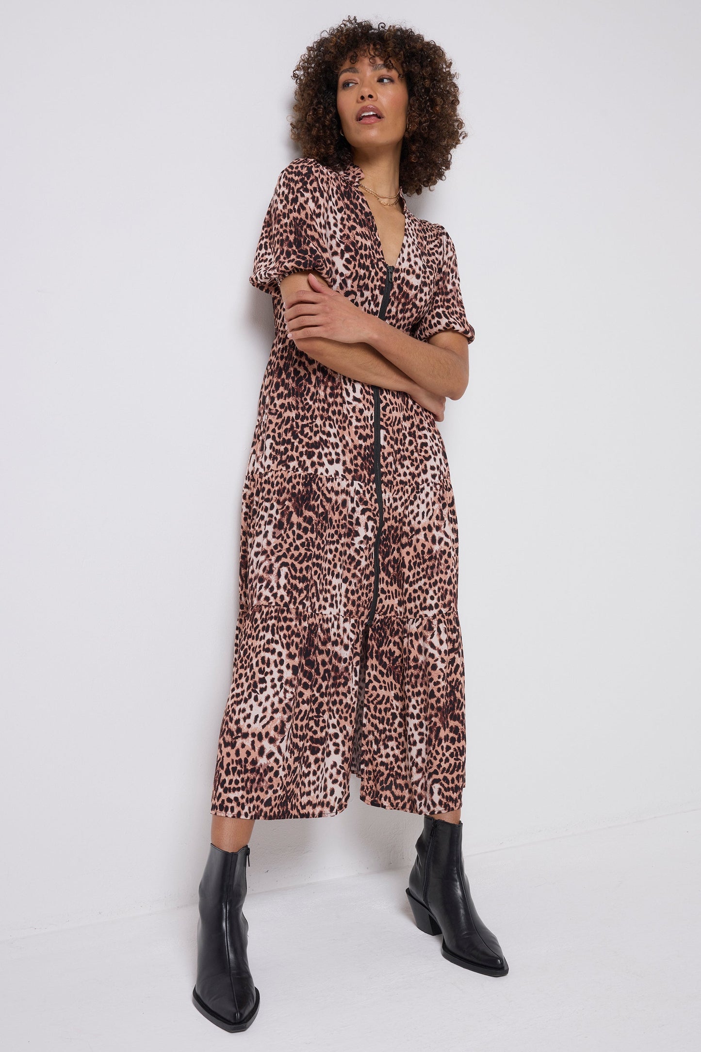 Neutral with Black Cheetah Zip Detail Tiered Midi Dress