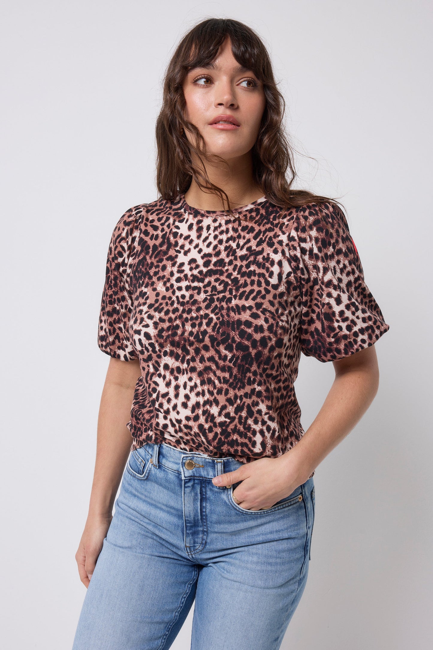 Neutral with Black Cheetah Puff Sleeve T-Shirt