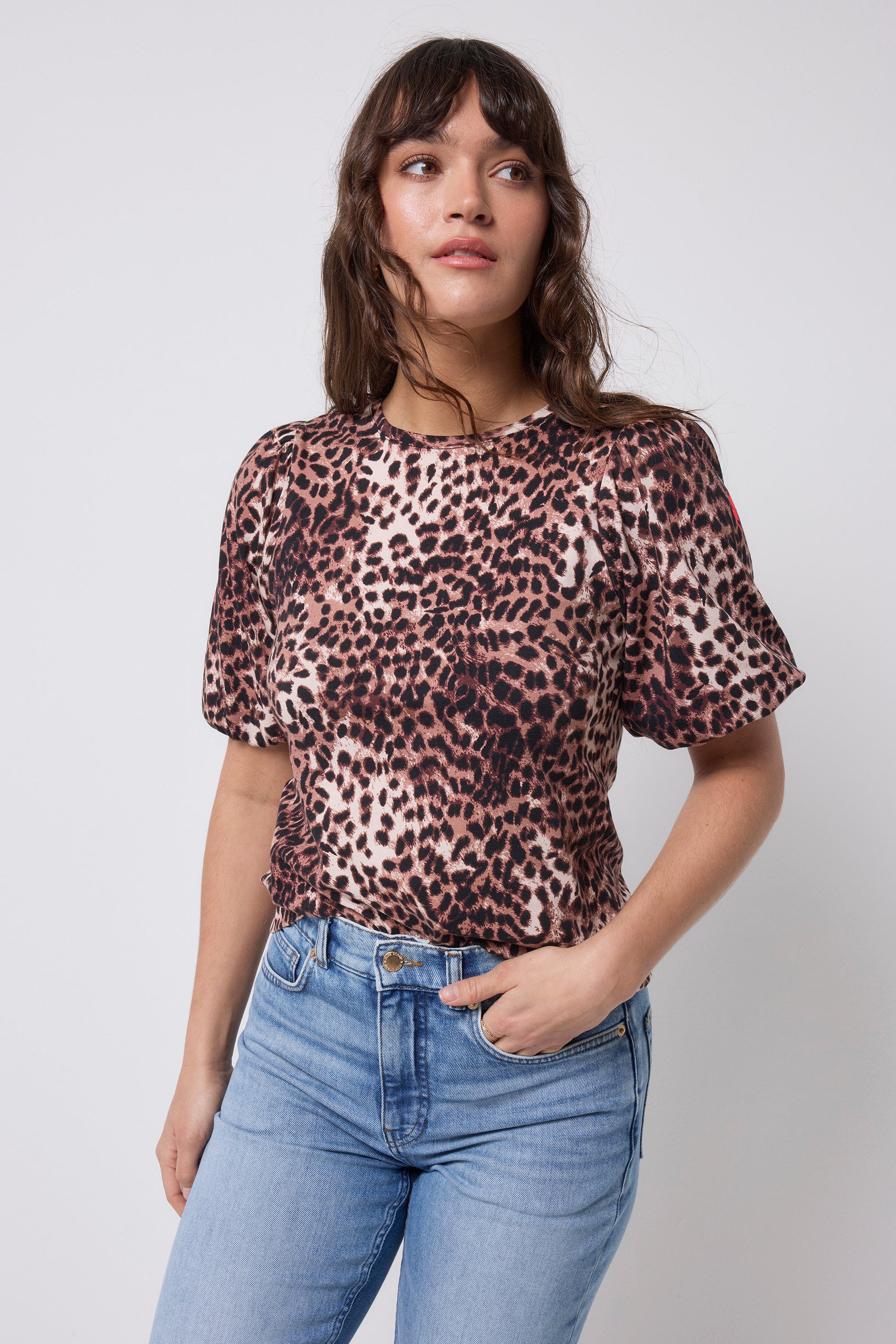 Neutral with Black Cheetah Puff Sleeve T-Shirt
