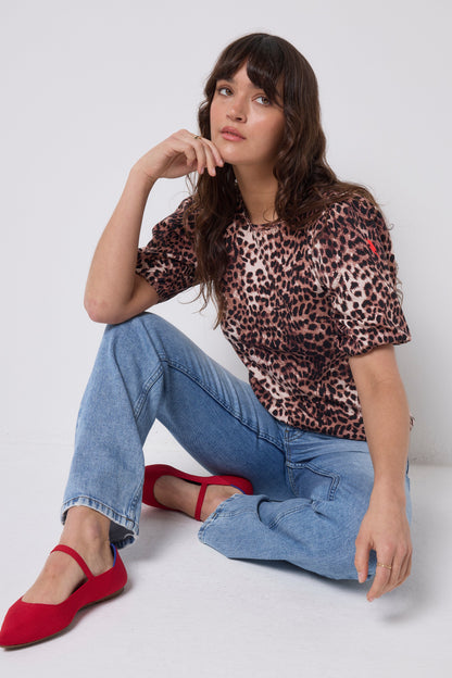 Neutral with Black Cheetah Puff Sleeve T-Shirt