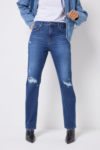 Mid Indigo Wash Distressed Boyfriend Jeans