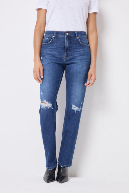Mid Indigo Wash Distressed Boyfriend Jeans
