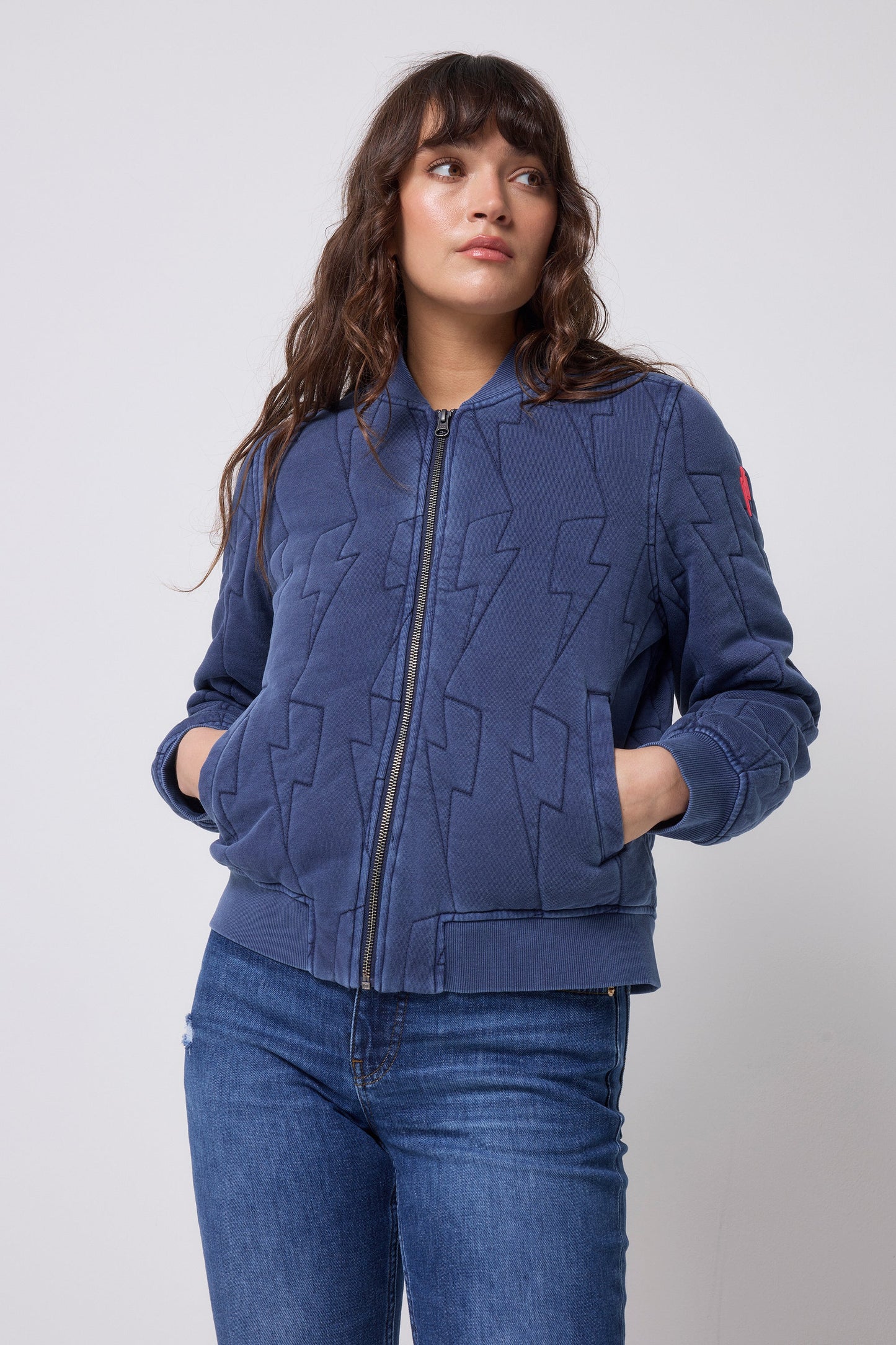 Navy Lightning Bolt Fitted Quilted Bomber Jacket