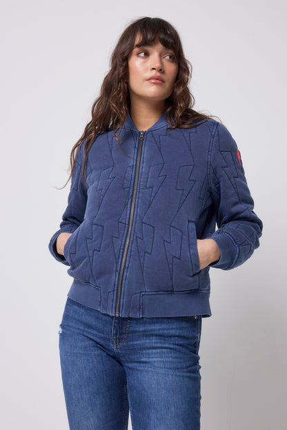 Navy Lightning Bolt Fitted Quilted Bomber Jacket