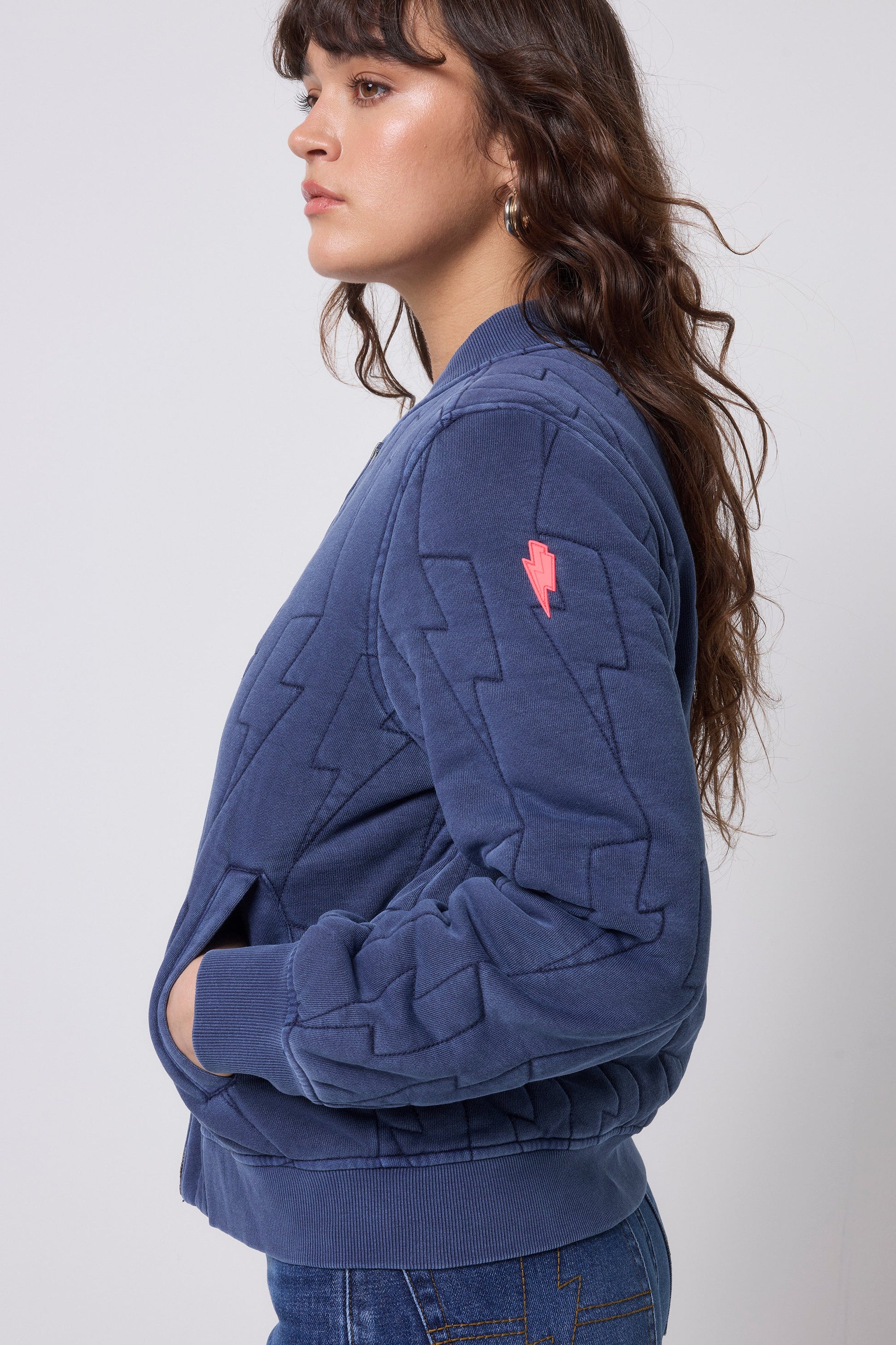 Navy Lightning Bolt Fitted Quilted Bomber Jacket
