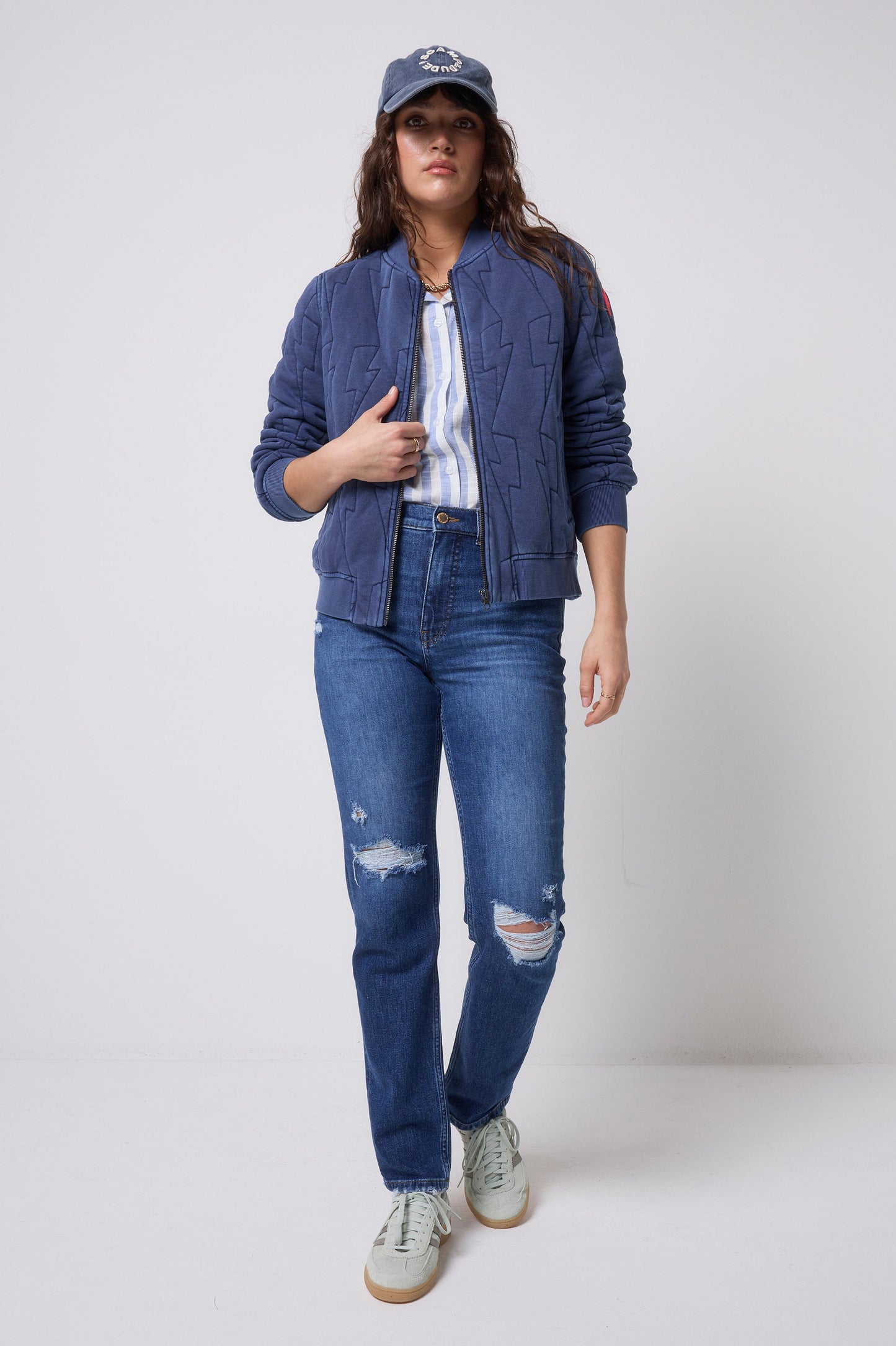 Navy Lightning Bolt Fitted Quilted Bomber Jacket