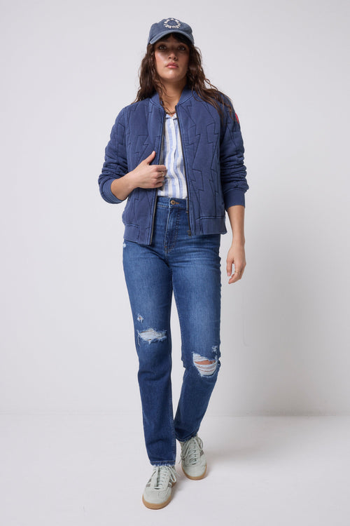 Navy Lightning Bolt Fitted Quilted Bomber Jacket