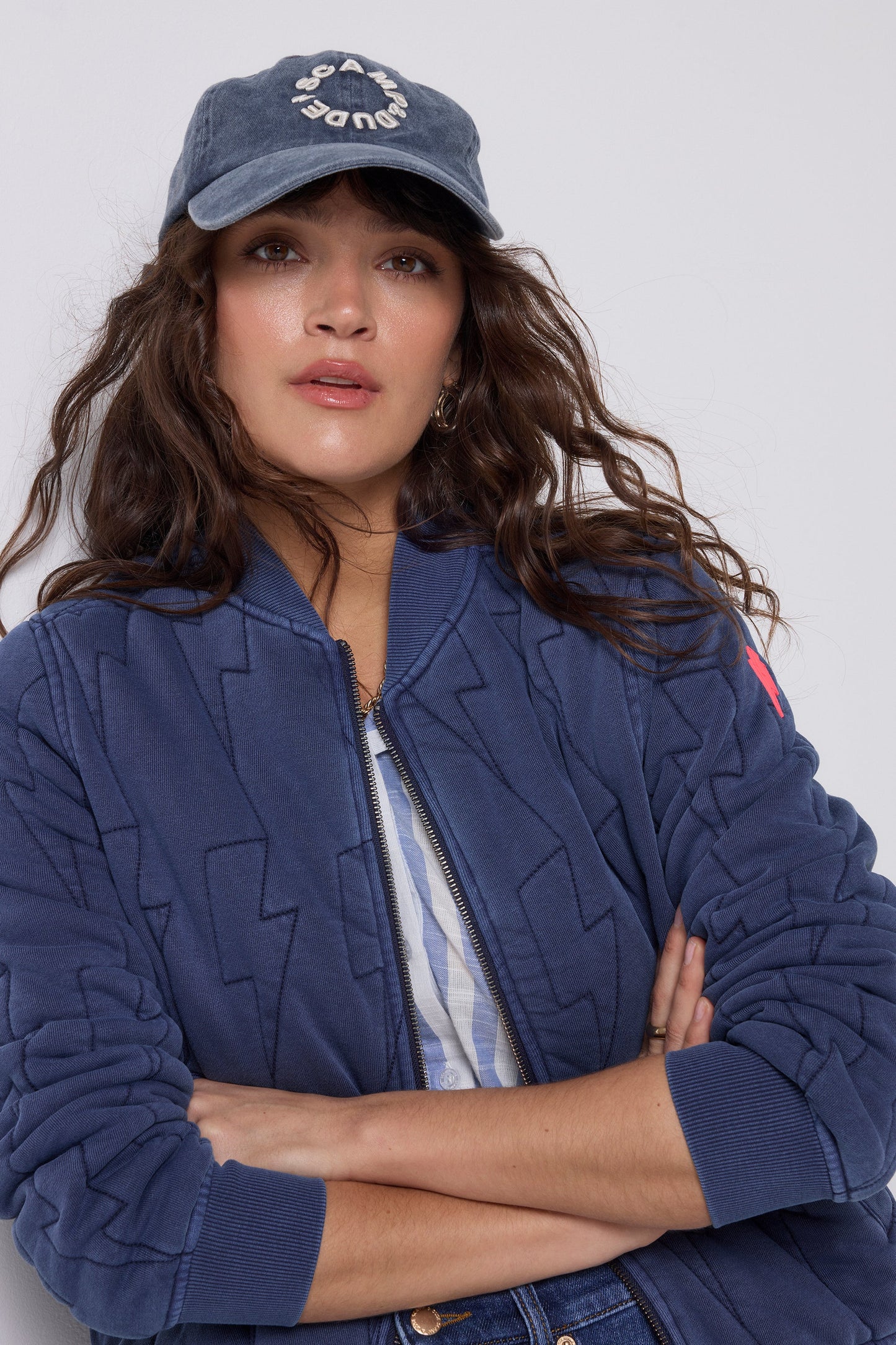 Navy Lightning Bolt Fitted Quilted Bomber Jacket