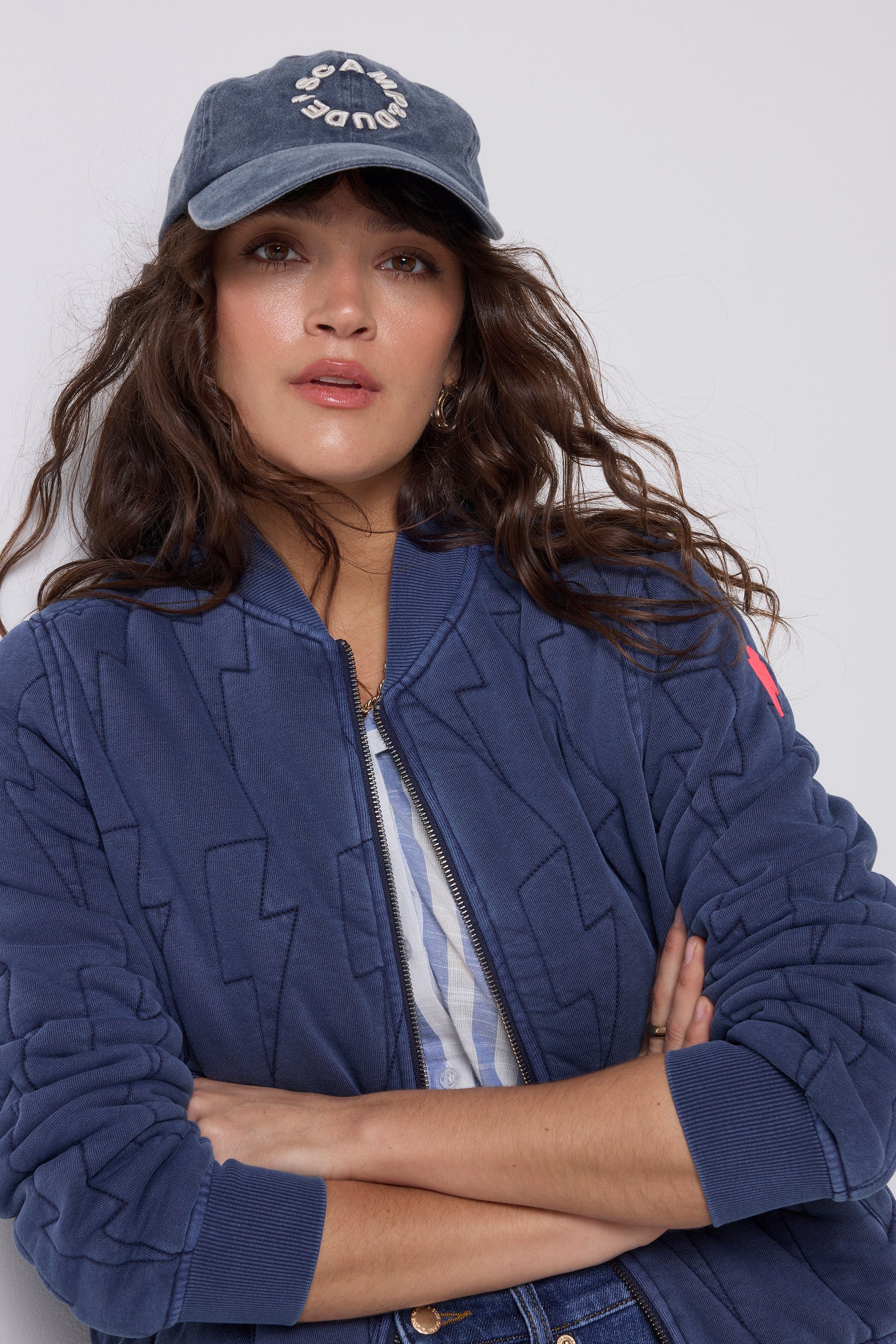 Navy Lightning Bolt Fitted Quilted Bomber Jacket