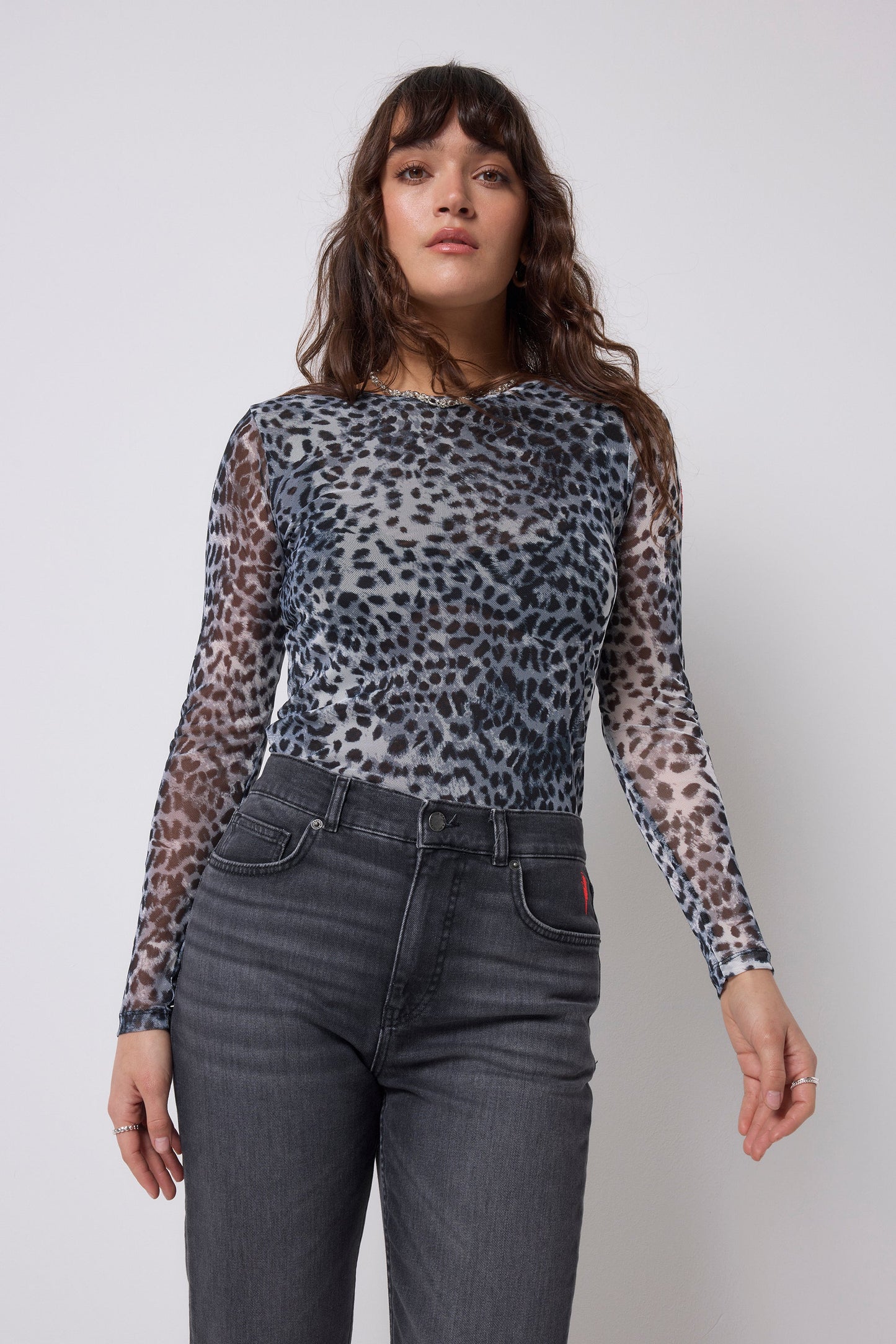 Grey Cheetah Mesh Top