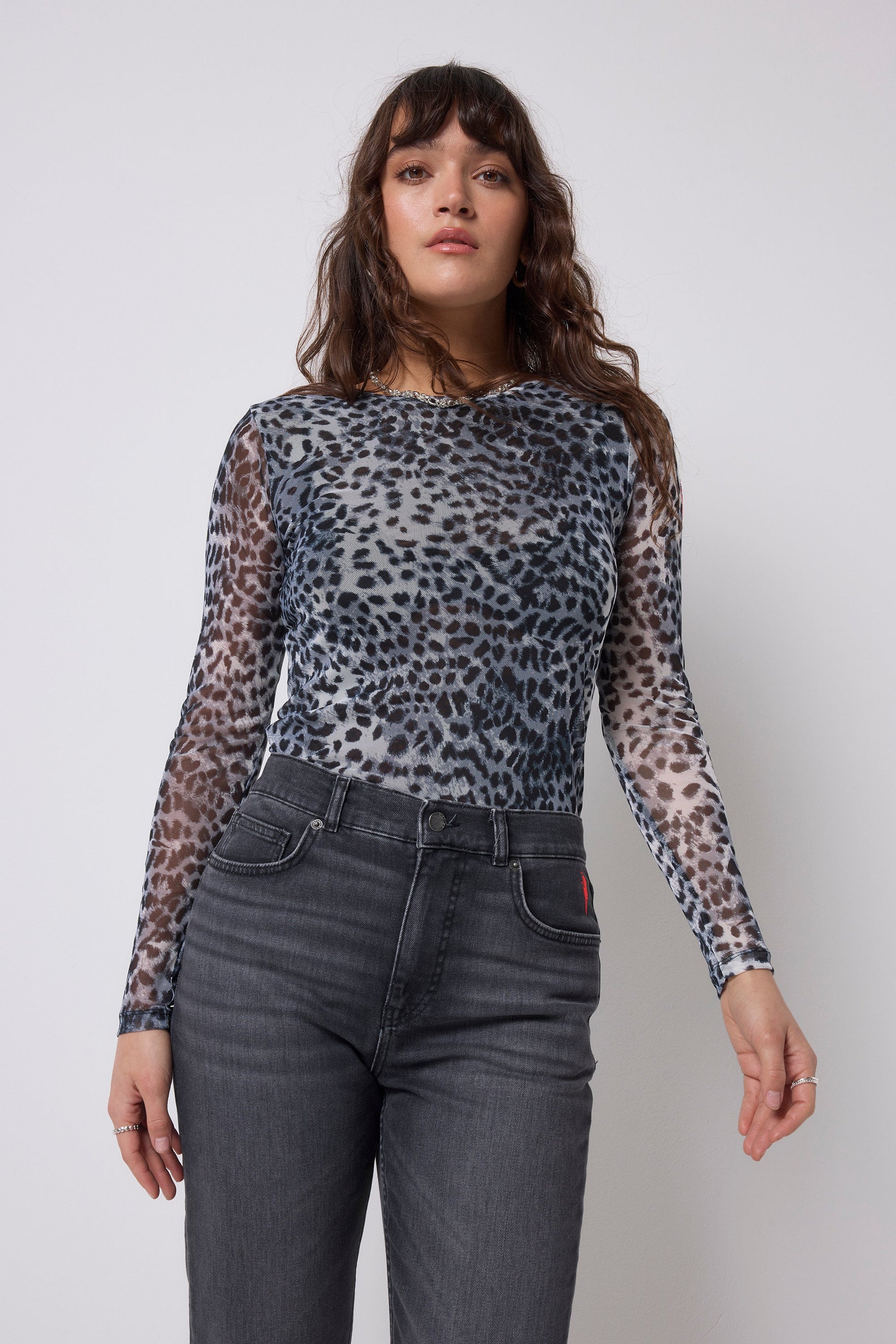 Grey Cheetah Mesh Top