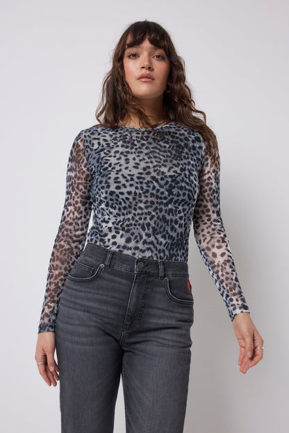 Grey Cheetah Mesh Top