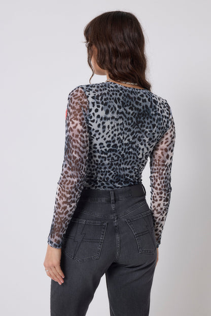Grey Cheetah Mesh Top