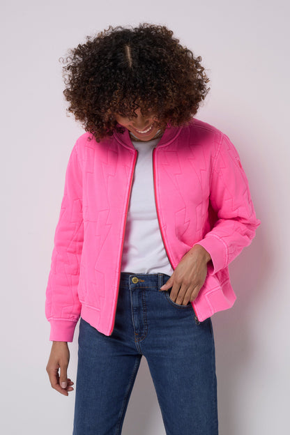 Neon Pink Lightning Bolt Fitted Quilted Bomber Jacket