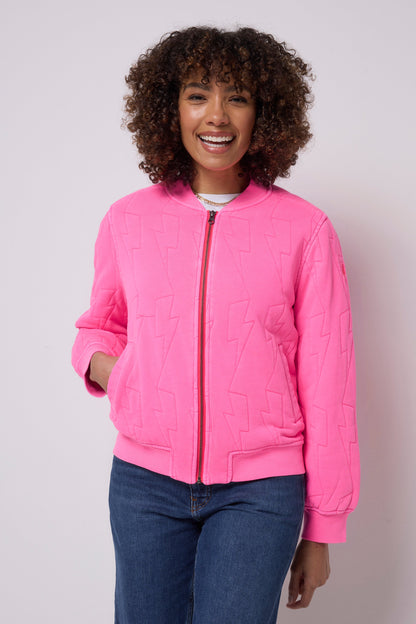Neon Pink Lightning Bolt Fitted Quilted Bomber Jacket