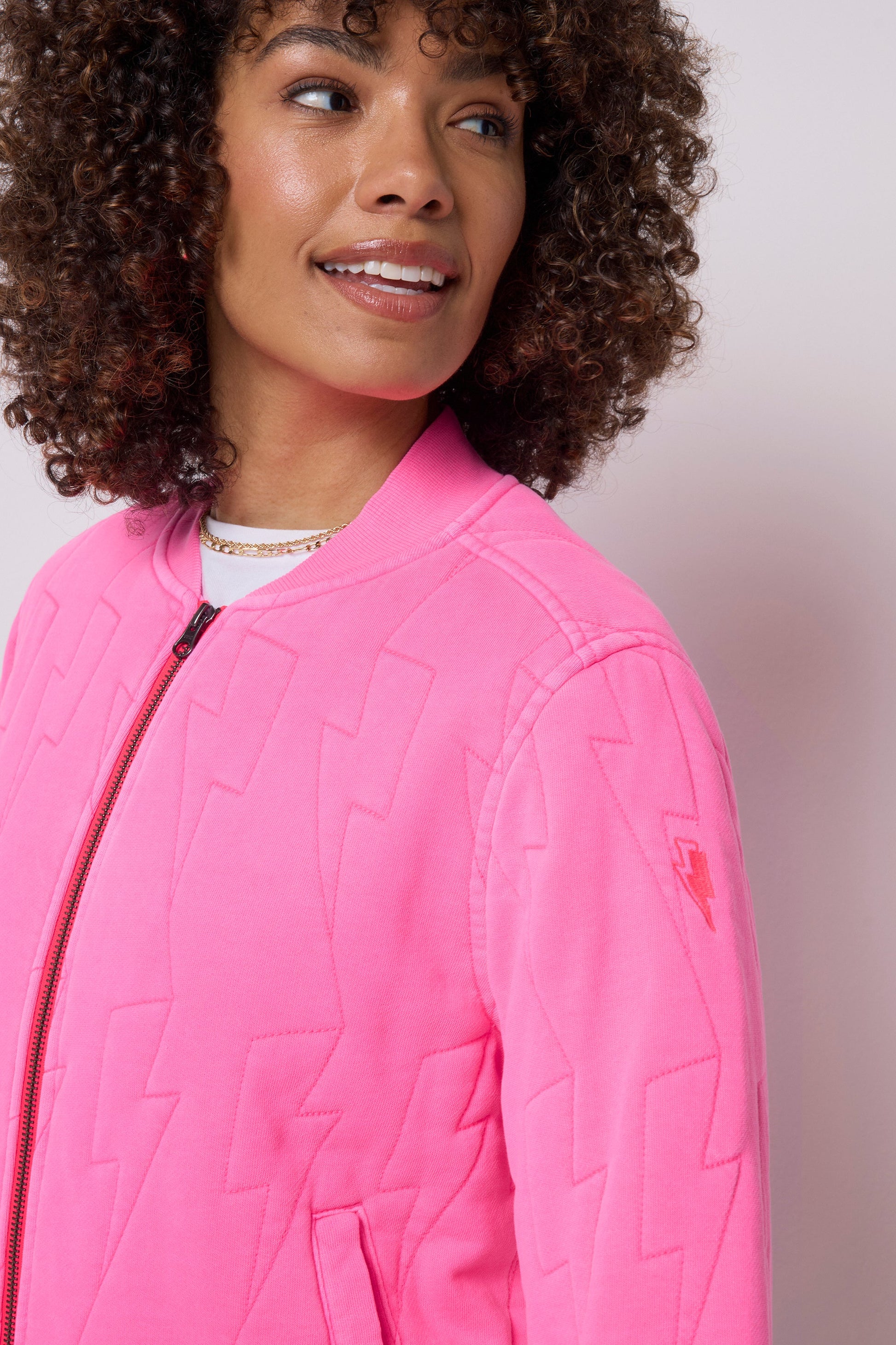 Neon Pink Lightning Bolt Fitted Quilted Bomber Jacket