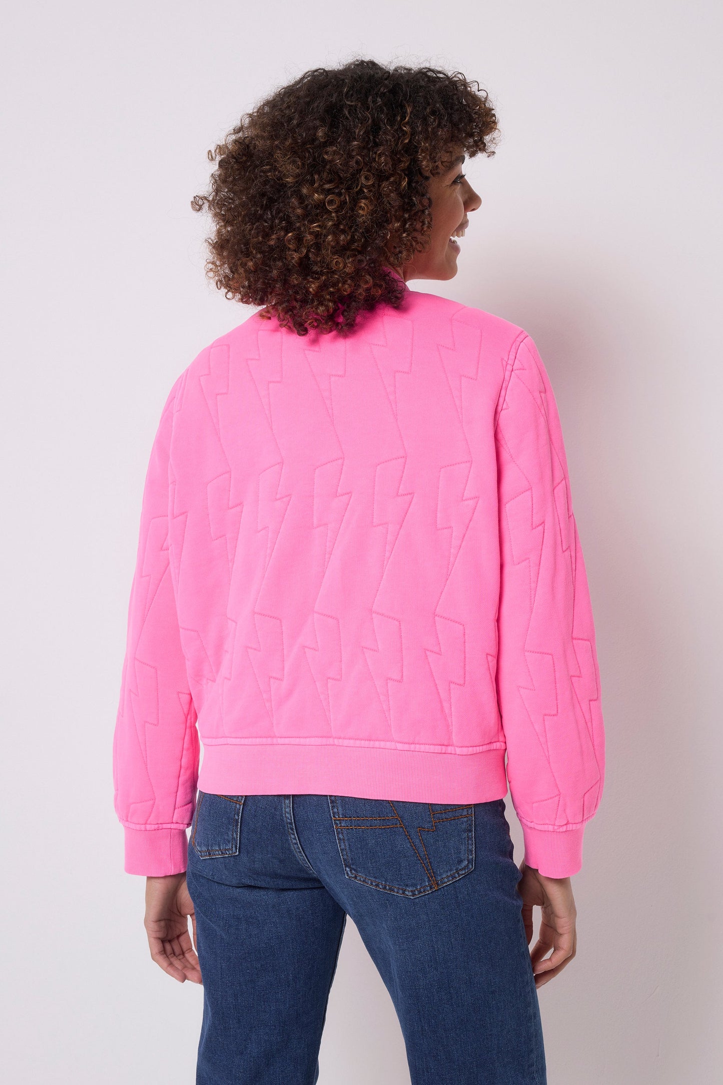 Neon Pink Lightning Bolt Fitted Quilted Bomber Jacket