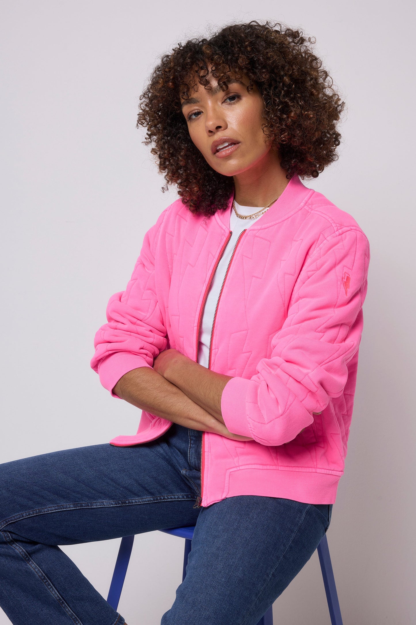 Neon Pink Lightning Bolt Fitted Quilted Bomber Jacket