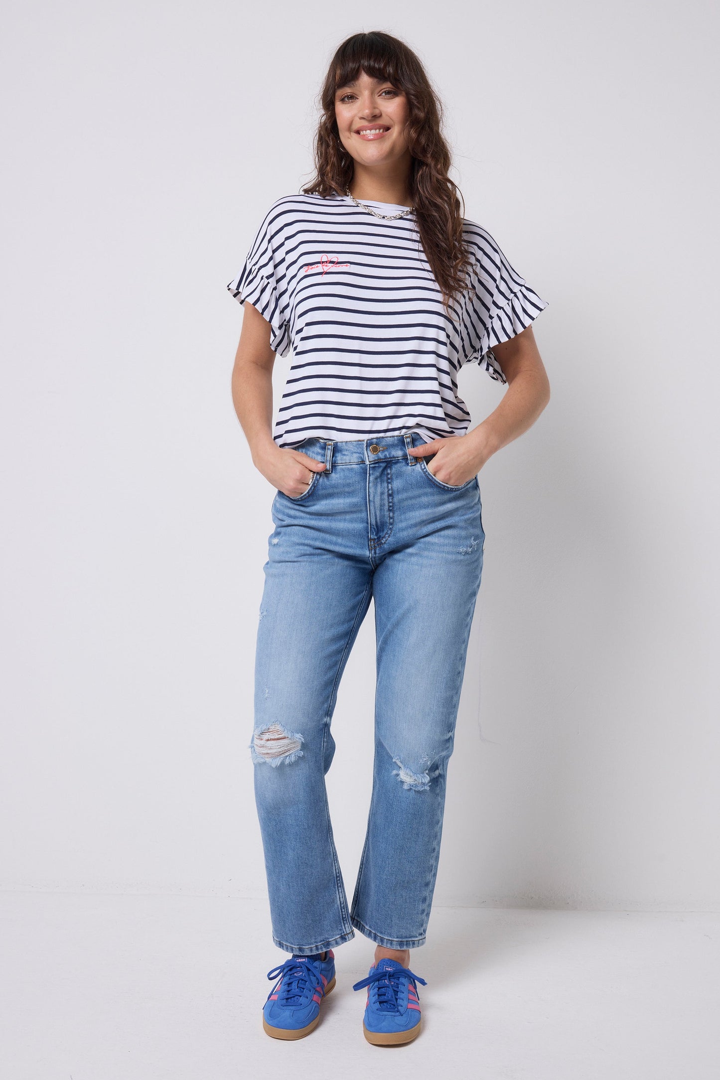 White with Navy Stripe Frill Sleeve T-Shirt