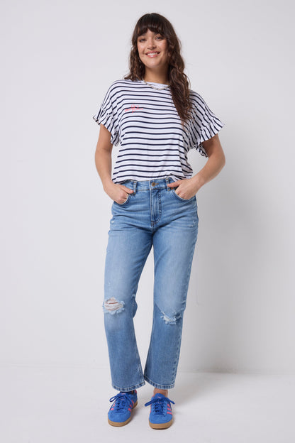 White with Navy Stripe Frill Sleeve T-Shirt