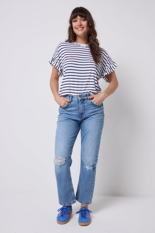 White with Navy Stripe Frill Sleeve T-Shirt