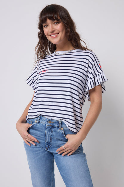 White with Navy Stripe Frill Sleeve T-Shirt
