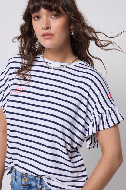 White with Navy Stripe Frill Sleeve T-Shirt