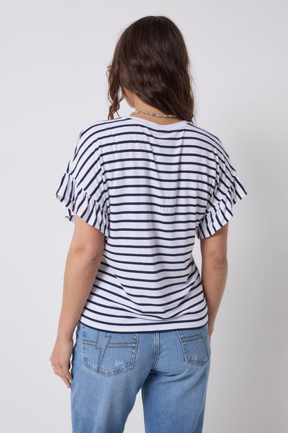 White with Navy Stripe Frill Sleeve T-Shirt