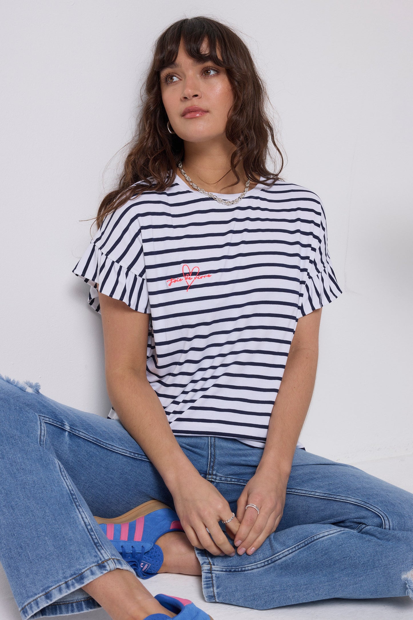 White with Navy Stripe Frill Sleeve T-Shirt