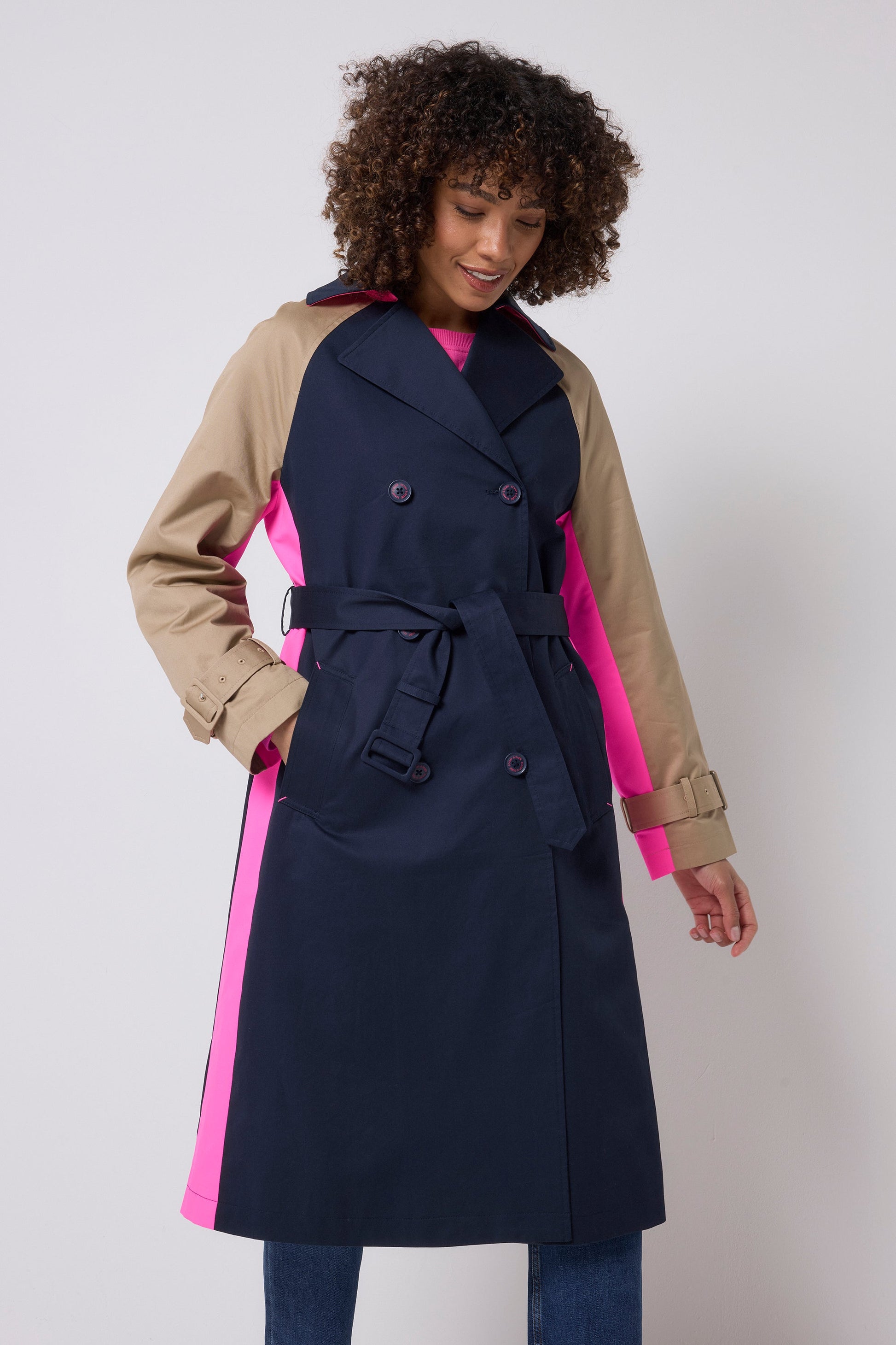 Navy and Stone Colourblock Trench Coat