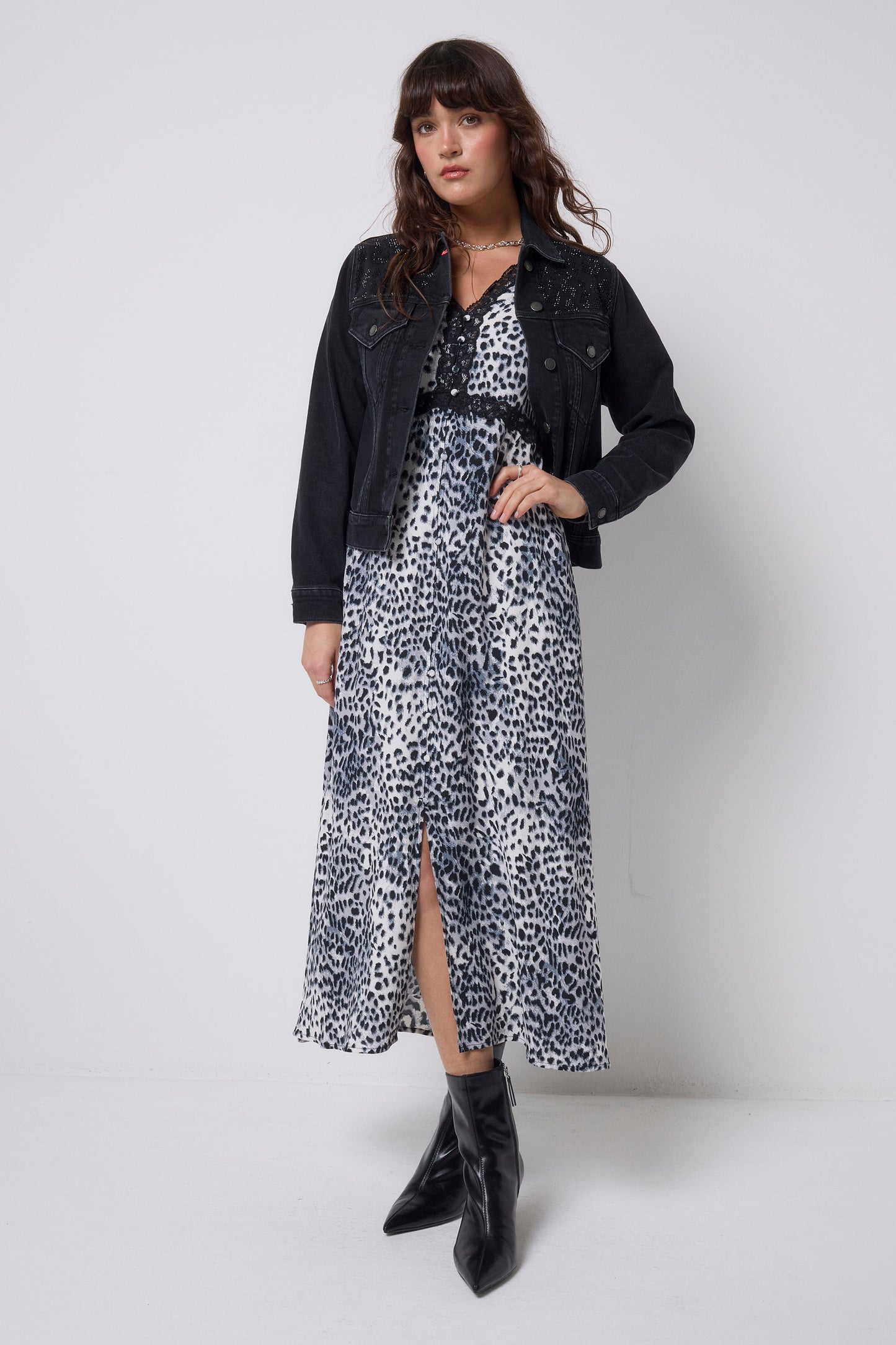 Grey Cheetah Lace Trim Puff Sleeve Midi Tea Dress