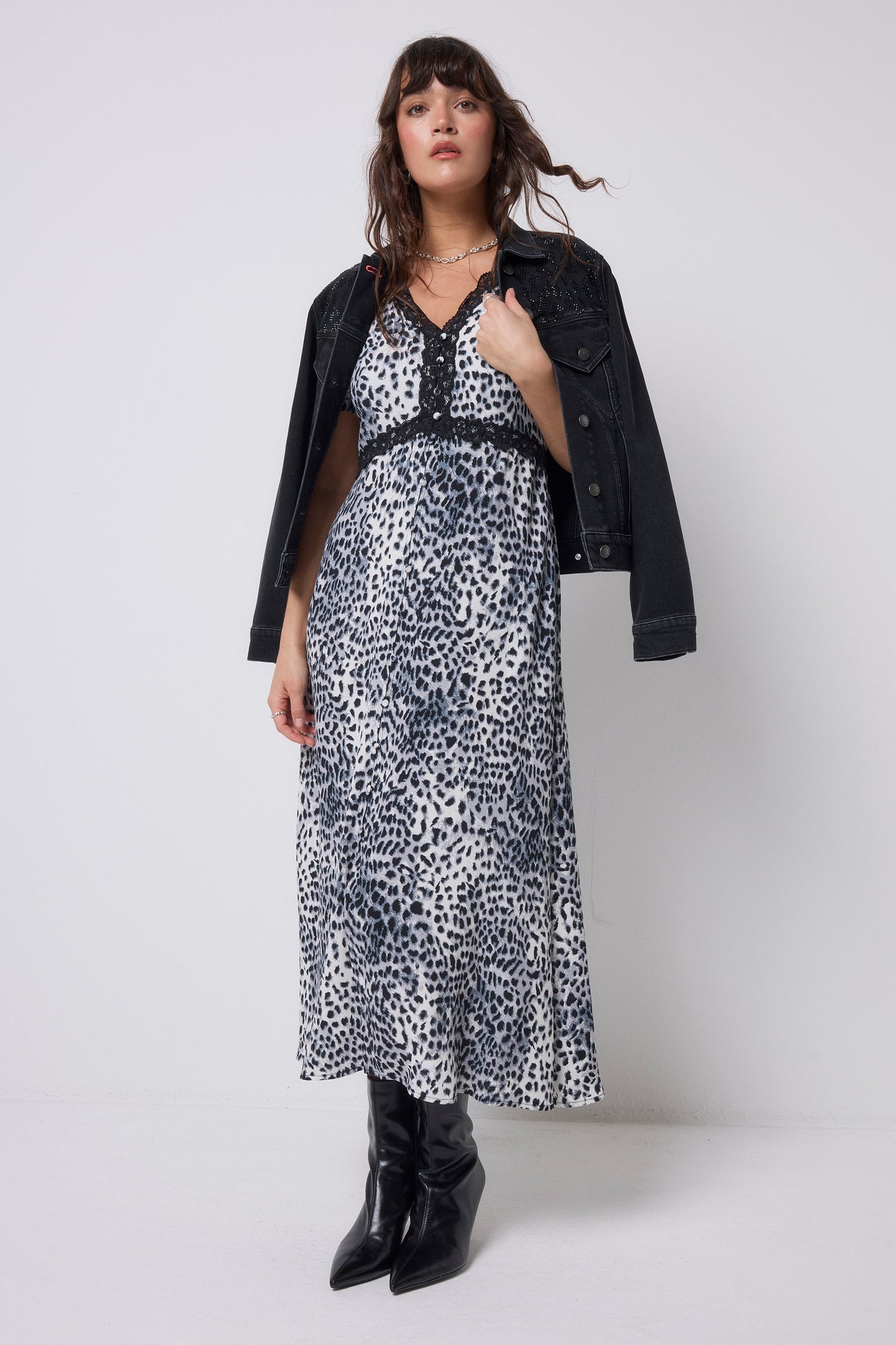 Grey Cheetah Lace Trim Puff Sleeve Midi Tea Dress