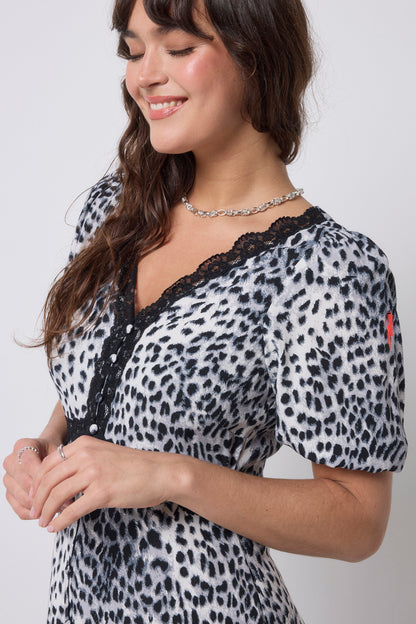 Grey Cheetah Lace Trim Puff Sleeve Midi Tea Dress