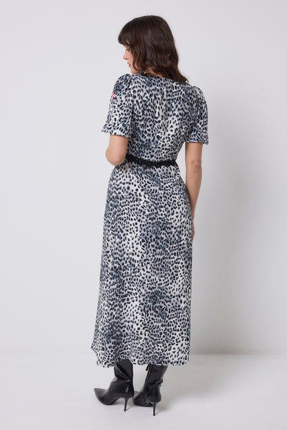 Grey Cheetah Lace Trim Puff Sleeve Midi Tea Dress