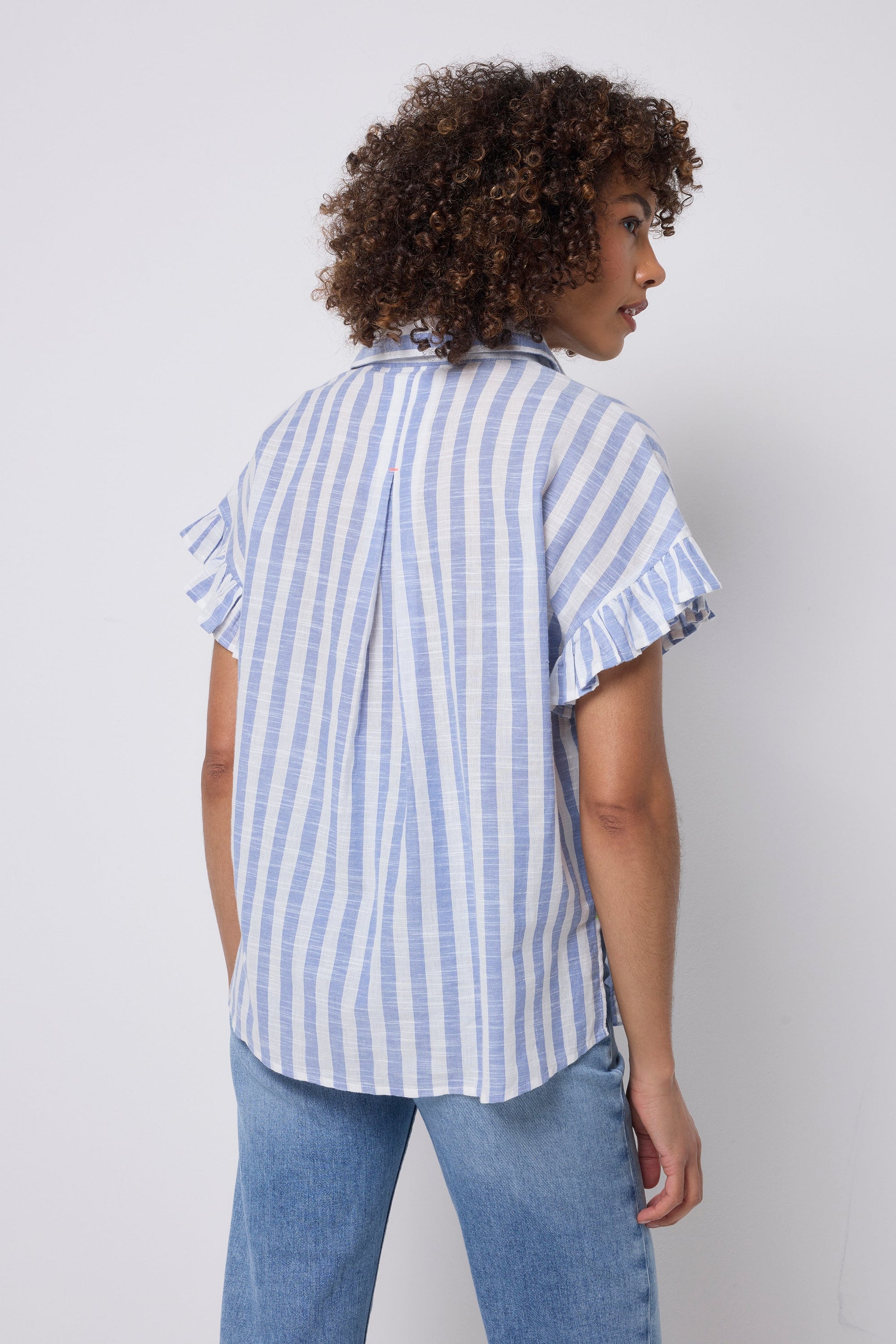 Blue and White Stripe Frill Sleeve Shirt