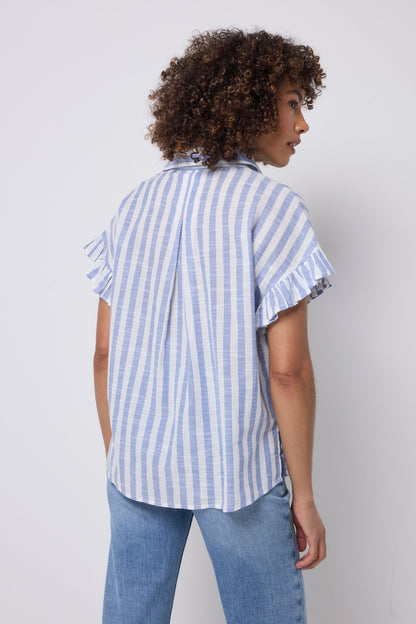 Blue and White Stripe Frill Sleeve Shirt