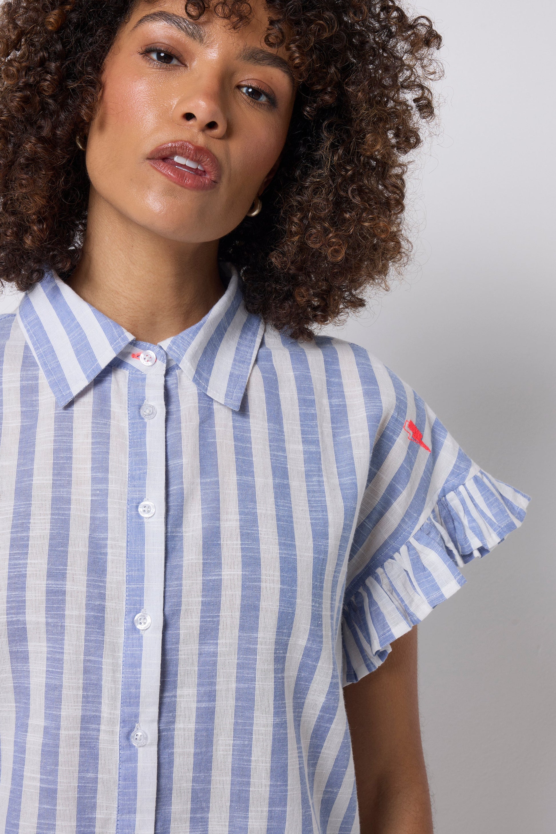 Blue and White Stripe Frill Sleeve Shirt