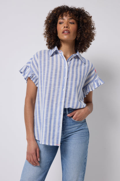 Blue and White Stripe Frill Sleeve Shirt