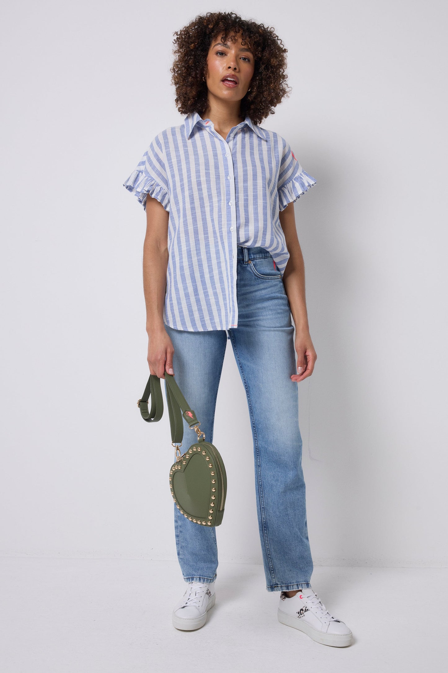 Blue and White Stripe Frill Sleeve Shirt