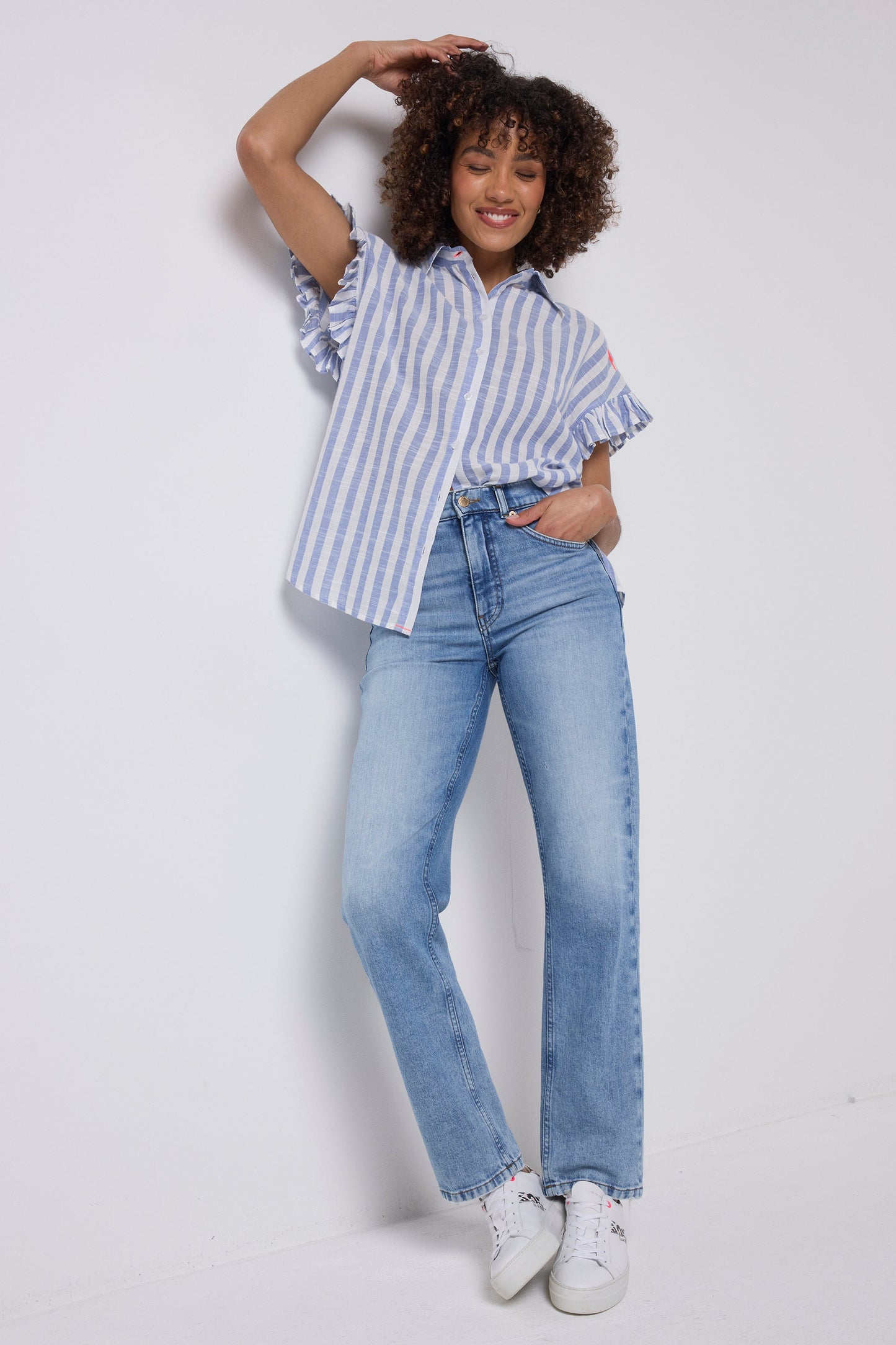 Blue and White Stripe Frill Sleeve Shirt