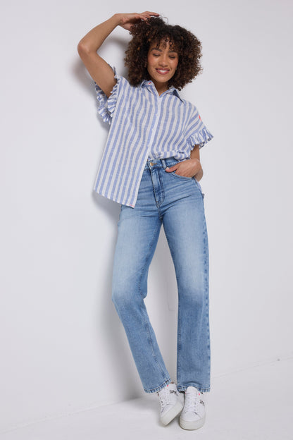 Blue and White Stripe Frill Sleeve Shirt