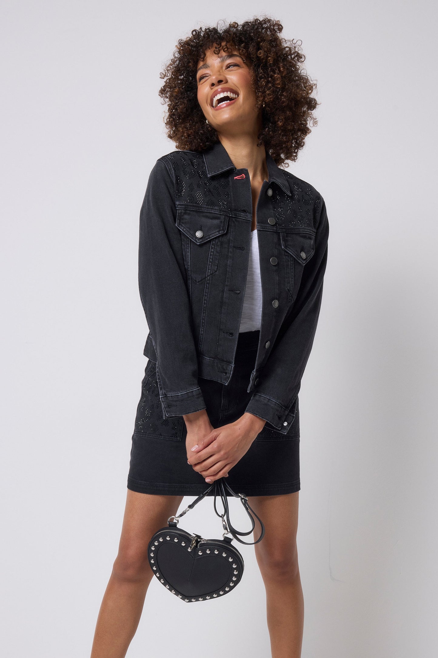 Washed Black Embellished Leopard Denim Jacket