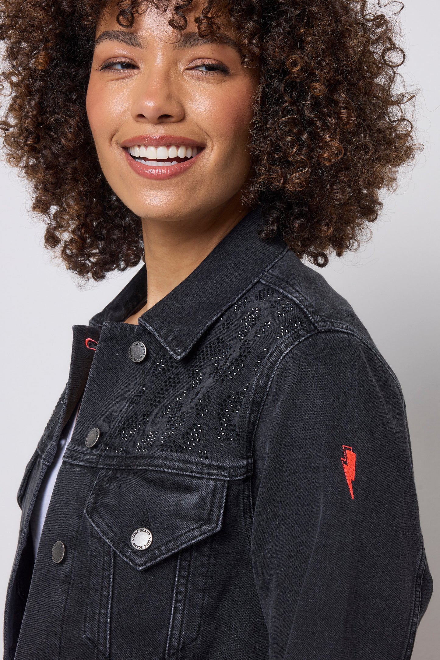 Washed Black Embellished Leopard Denim Jacket
