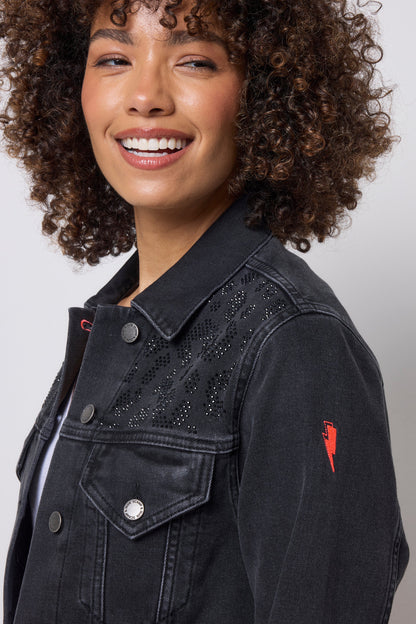 Washed Black Embellished Leopard Denim Jacket